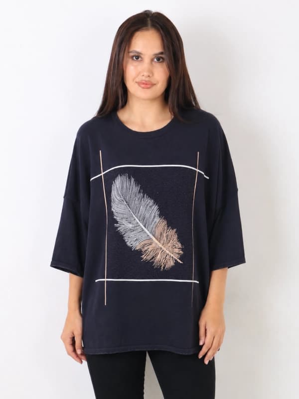 Женская красная туника oversize с принтом перо, трикотажная кофта с длинным рукавом